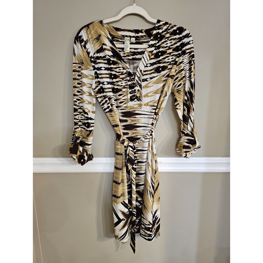 Emma & Michele Printed Wrap Dress Size M Brown Black Animal Print Belted - Picture 1 of 10